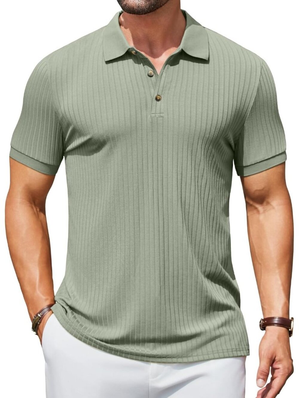 Men's Light Green Textured Polo Shirts Short Sleeve Slim Fit Button Polo Casual